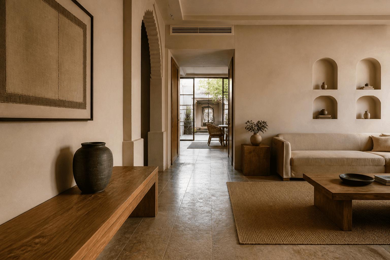 Casa360 design studio — warm stone and wood interior